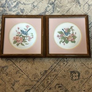 Vintage cross-stitch blue bird framed wall art.